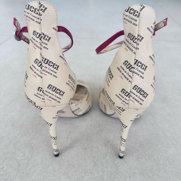 Gucci Apollo Gucci Stamp Print Beige Leather Logo Ankle Strap Pumps EU37.5 US7.5 - Picture 4 of 12